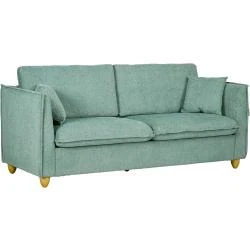 Canapé Vintage 3 Places Tissu Vert, Coussins, Pieds Bois
