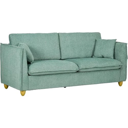 Canapé Vintage 3 Places Tissu Vert, Coussins, Pieds Bois - Vue principale