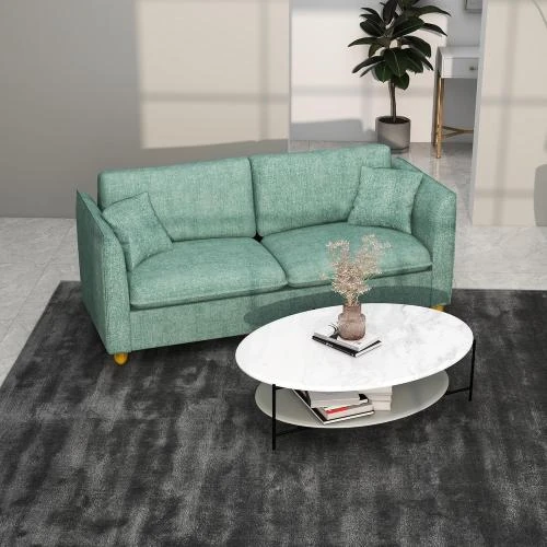 Détail de Canapé Vintage 3 Places Tissu Vert, Coussins, Pieds Bois