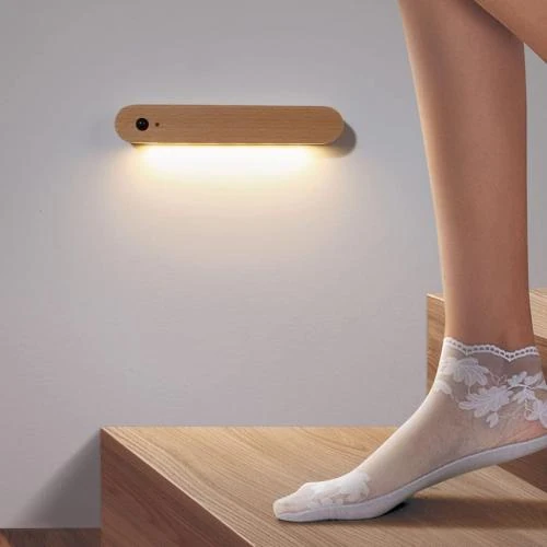 Zoom sur Applique Murale Sans Fil LED, Bois, Détecteur Mouvement
