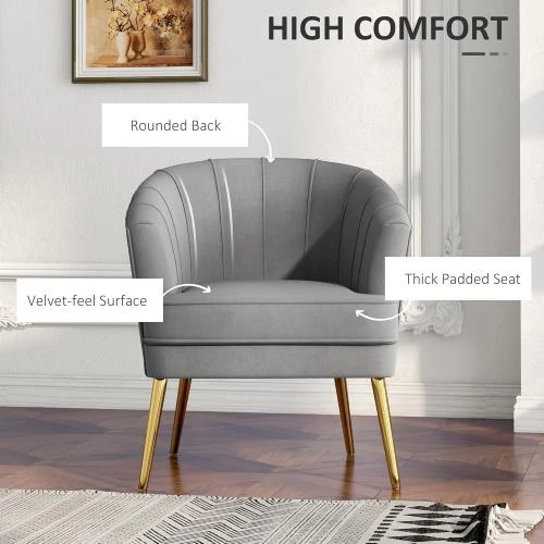 Zoom sur Fauteuil velours gris HOMCOM, pieds dorés, salon