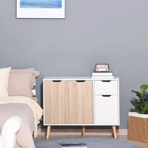 Détail de Buffet Design Scandinave Homcom, 2 Placards, Blanc, Chêne Clair