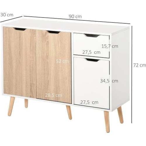 Zoom sur Buffet Design Scandinave Homcom, 2 Placards, Blanc, Chêne Clair
