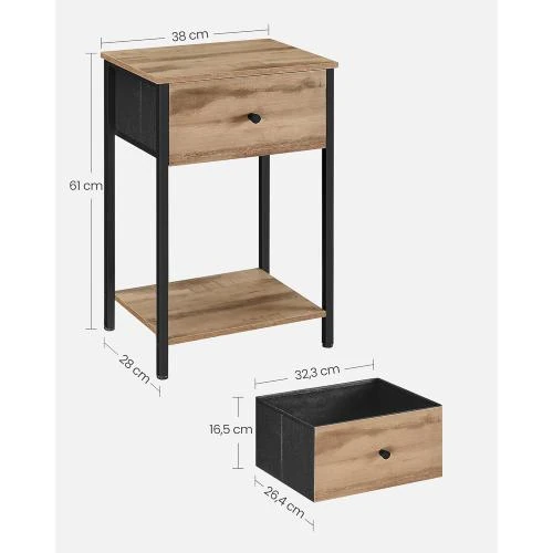 Zoom sur Table de Chevet Marron Bois, Tiroir, Étagère Rangement