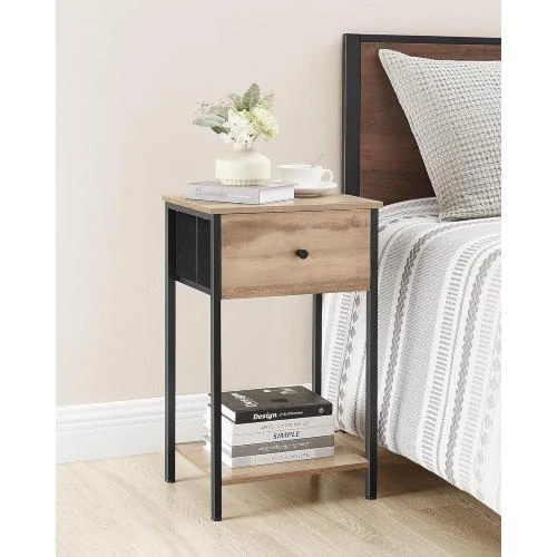 Détail de Table de Chevet Marron Bois, Tiroir, Étagère Rangement