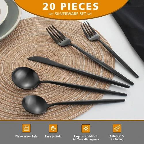 Zoom sur Couverts acier inoxydable 20 pièces, finition satinée, noir mat