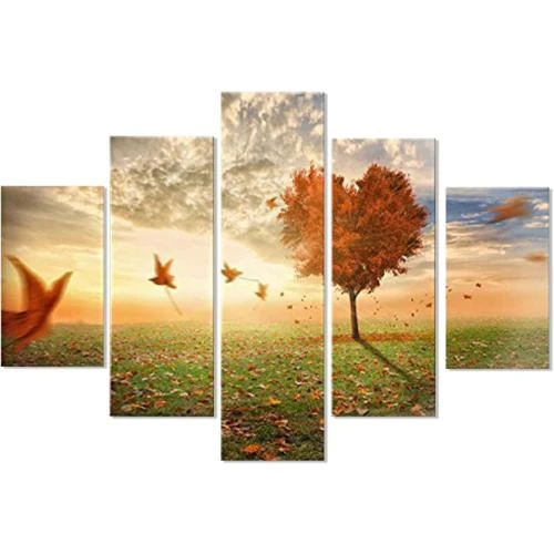 Tableau moderne 5 pièces bois VOGUE feuilles vent - Vue principale