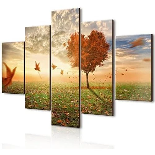 Zoom sur Tableau moderne 5 pièces bois VOGUE feuilles vent