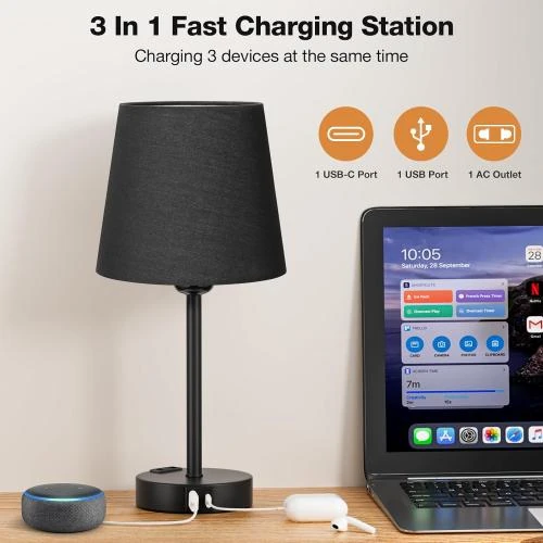 Détail de Lampe de Chevet Tactile Kakanuo avec Ports USB - Abat-jour en Lin