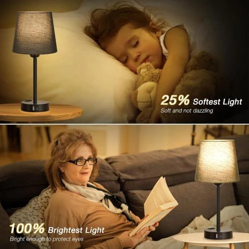 Zoom sur Lampe de Chevet Tactile Kakanuo avec Ports USB - Abat-jour en Lin