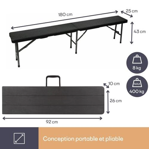 Détail de Perel Banc Pliant Noir, Résistant Intempéries, Aspect Rotin