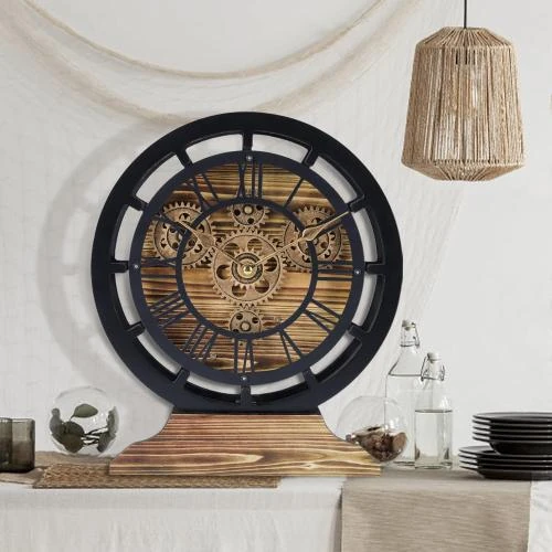 Pendule Bureau Engrenages Mobiles Bois Vintage Noir, Steampunk - Vue principale