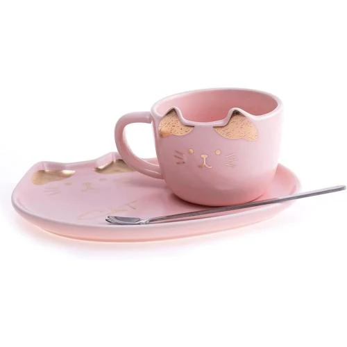 Zoom sur Tasse Chat Kawaii Rose, Cuillère, Décoration Japonaise