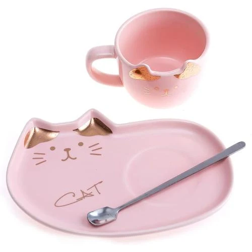 Détail de Tasse Chat Kawaii Rose, Cuillère, Décoration Japonaise
