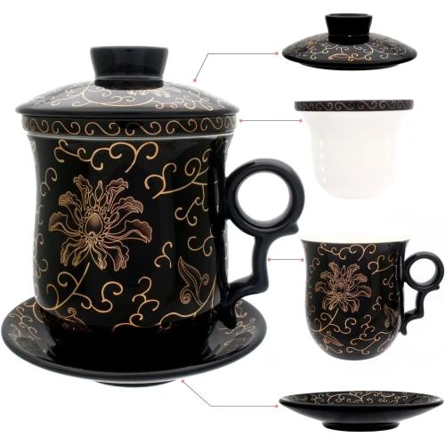 Tasse en porcelaine, couvercle, soucoupe, infuseur, Jingdezhen - Vue principale