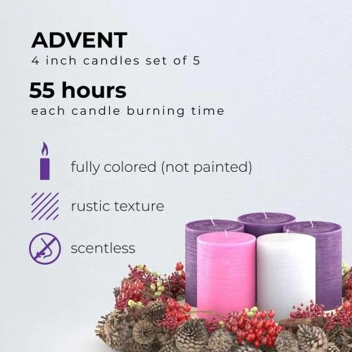 Détail de Bougies pilier CANDWAX, 5 pièces, rustiques, violet