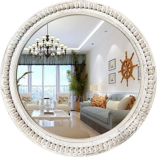 Miroir mural rond rustique bois, décoratif blanc - Vue principale