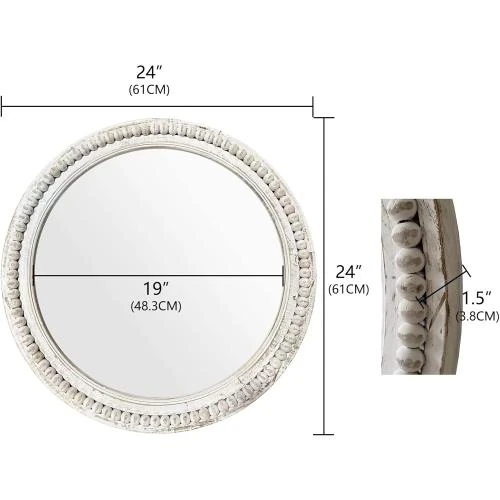 Zoom sur Miroir mural rond rustique bois, décoratif blanc