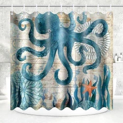 Rideau de Douche Polyester Motif Pieuvre - Imperméable et Anti Moisissure
