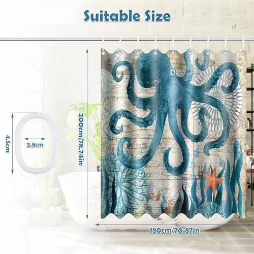 Détail de Rideau de Douche Polyester Motif Pieuvre - Imperméable et Anti Moisissure
