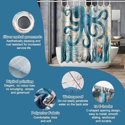 Zoom sur Rideau de Douche Polyester Motif Pieuvre - Imperméable et Anti Moisissure