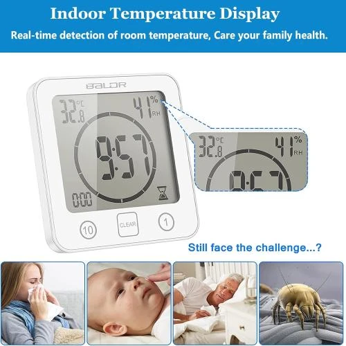Zoom sur Horloge de Salle de Bain Numérique, Température, Humidité, Blanc