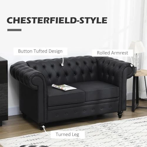 Zoom sur HOMCOM Canapé Chesterfield Cuir PU Noir, Classique, Confort