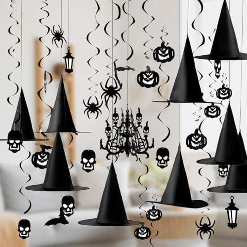 Décorations Halloween suspendues, chapeaux sorcière, maison hantée - Vue principale