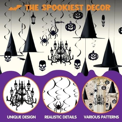 Détail de Décorations Halloween suspendues, chapeaux sorcière, maison hantée