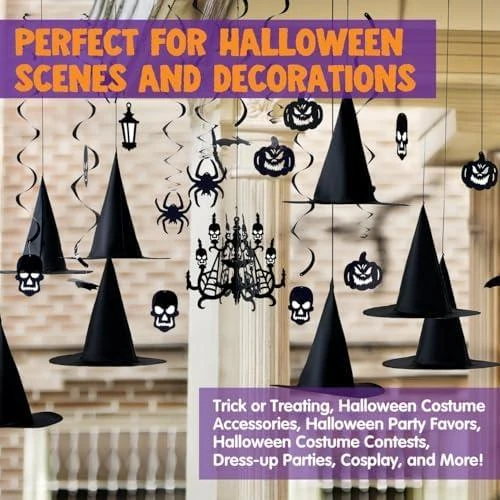 Zoom sur Décorations Halloween suspendues, chapeaux sorcière, maison hantée