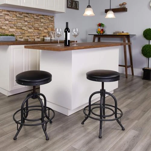 Détail de Tabouret Haut Pivotant Cuir Noir, Métal, Flash Furniture