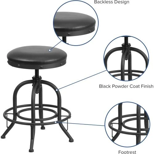 Zoom sur Tabouret Haut Pivotant Cuir Noir, Métal, Flash Furniture