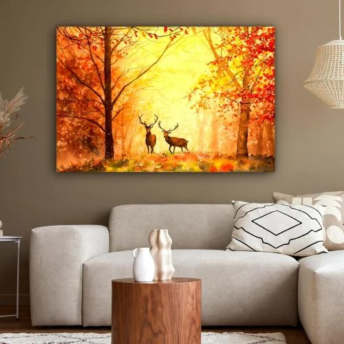 Zoom sur Toile Cerf et Automne: Peinture Huile Animaux pour Décoration Murale