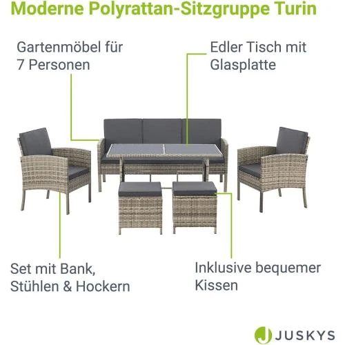 Zoom sur Juskys Salon Jardin 6 Pièces Turin Polyrotin Gris