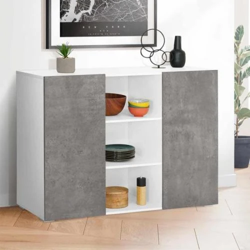 Détail de Buffet IDMarket 110 cm ELI Blanc, 2 Portes, Effet Béton