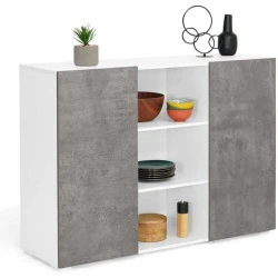 Buffet IDMarket 110 cm ELI Blanc, 2 Portes, Effet Béton