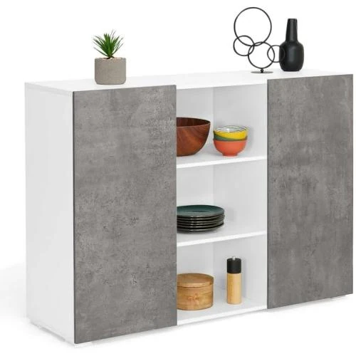 Buffet IDMarket 110 cm ELI Blanc, 2 Portes, Effet Béton - Vue principale