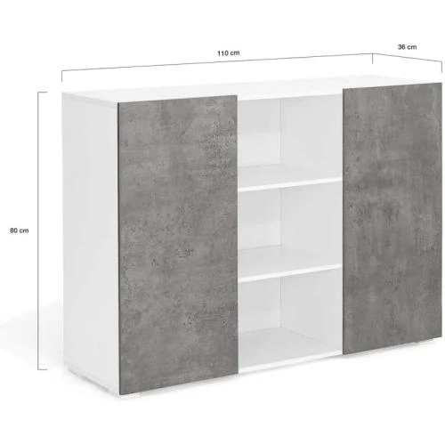 Zoom sur Buffet IDMarket 110 cm ELI Blanc, 2 Portes, Effet Béton