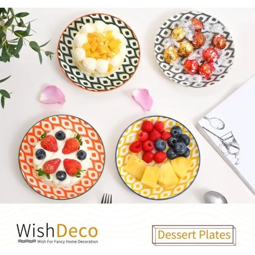 Détail de WishDeco Assiettes Dessert Colorées, Porcelaine, 6 Pièces