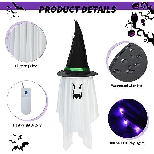 Zoom sur Décoration Halloween Effrayante, Fantôme, Chapeau Sorcière, LED