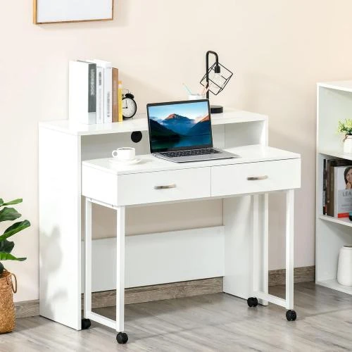 Détail de Bureau HOMCOM Blanc, Tiroirs, Roulettes, Poste de Travail