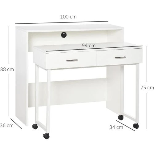 Zoom sur Bureau HOMCOM Blanc, Tiroirs, Roulettes, Poste de Travail
