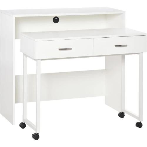 Bureau HOMCOM Blanc, Tiroirs, Roulettes, Poste de Travail - Vue principale