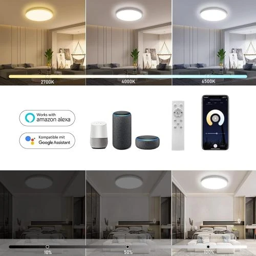 Détail de Plafonnier LED RGB Dimmable 24W, Télécommande Wifi, Compatible Alexa