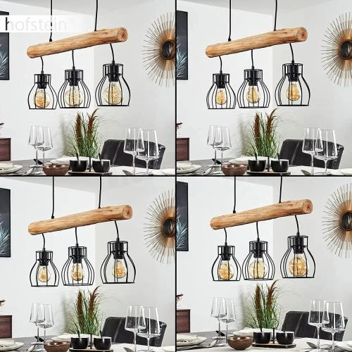 Zoom sur Hofstein Suspension Gondo, lampe métal bois noir marron