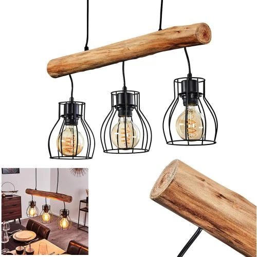 Hofstein Suspension Gondo, lampe métal bois noir marron - Vue principale