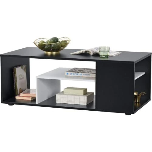 Table Basse Rectangulaire Noir Blanc, Etagère de Stockage - Vue principale