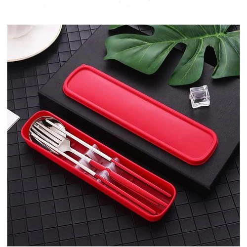 Zoom sur Couverts de voyage inoxydables, réutilisables, étui rouge, 4 pièces