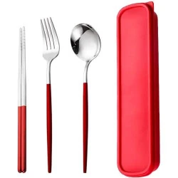 Couverts de voyage inoxydables, réutilisables, étui rouge, 4 pièces