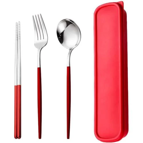 Couverts de voyage inoxydables, réutilisables, étui rouge, 4 pièces - Vue principale